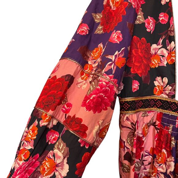 Johnny Was Jade Kimmy Smocked Floral-Print Peasant Top Embroidered Velvet Trim L - Picture 7 of 13